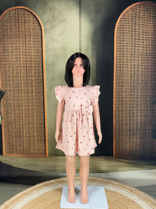 Kids Cotton Frill Sleeves Frock - Peach