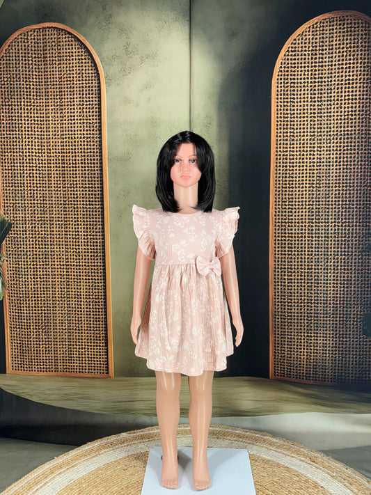 Kids Cotton Frill Sleeves Frock - Peach