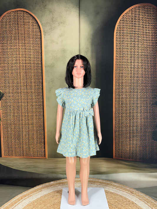 Kids Cotton Frill Sleeves Frock - Pastel Green
