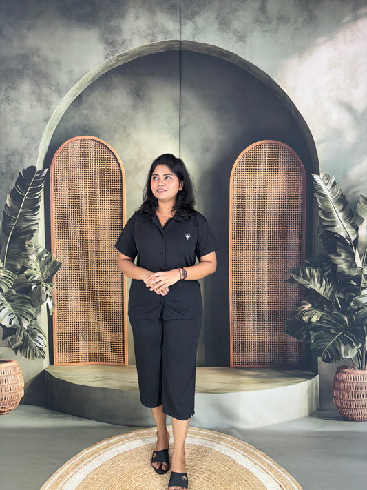 Miraya Collar Neck Capri Set for Women - Black