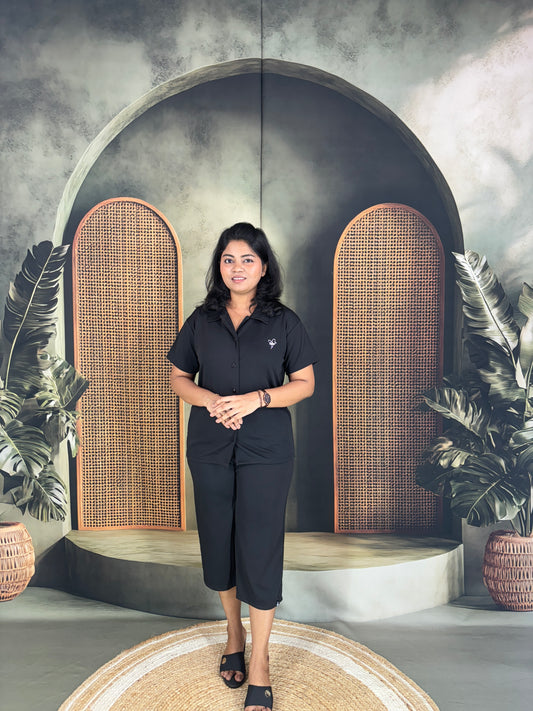 Miraya Collar Neck Capri Set for Women - Black