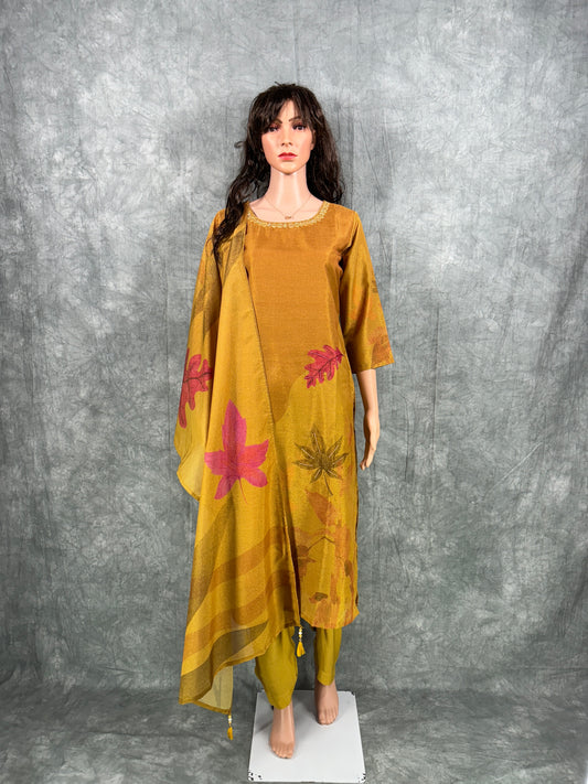 Shanaya - Roman Silk Hand Work Kurta with Dupatta and Pant - Mustard Yellow