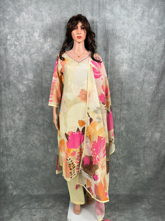 Siya - Floral Printed Hand Work Cotton Kurta with Dupatta and Pant - Off White