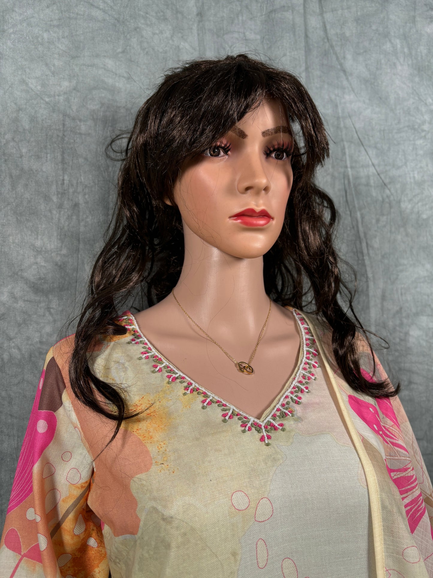 Siya - Floral Printed Hand Work Cotton Kurta with Dupatta and Pant - Off White