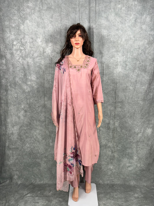 Amaya - Roman Silk Hand Work Kurta with Floral Organza Dupatta and Pant - Dusty Pink