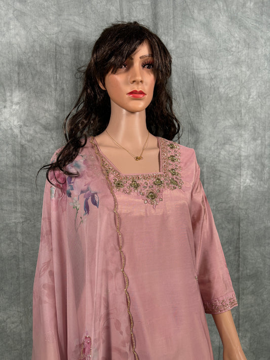 Amaya - Roman Silk Hand Work Kurta with Floral Organza Dupatta and Pant - Dusty Pink