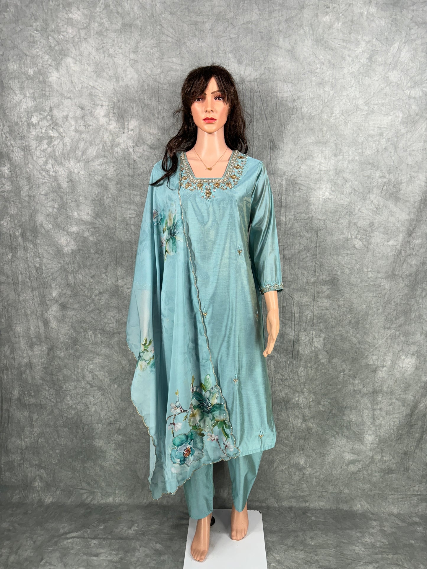 Srinaya - Roman Silk Hand Work Kurta with Floral Organza Dupatta and Pant - Pastel Blue