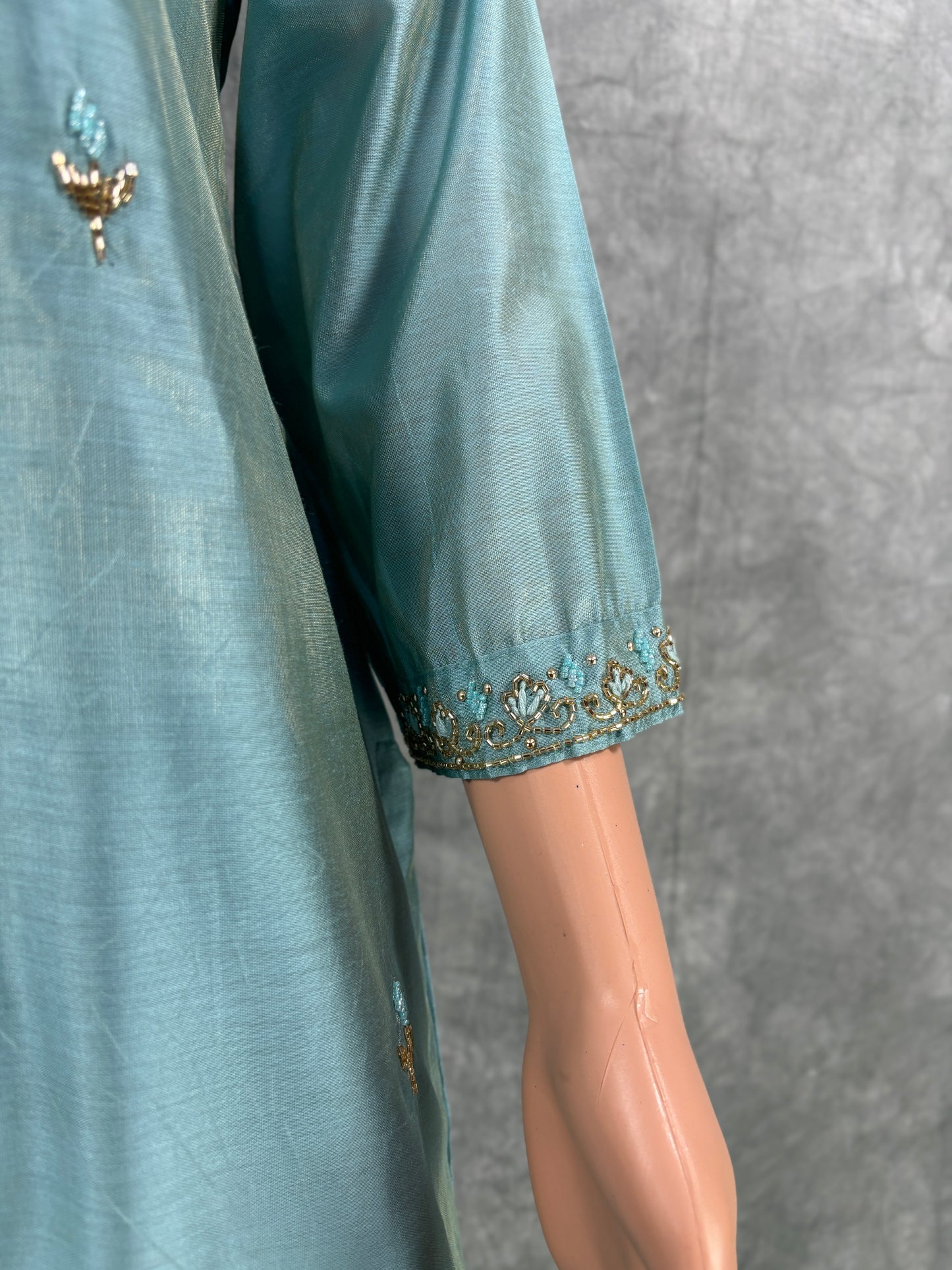 Srinaya - Roman Silk Hand Work Kurta with Floral Organza Dupatta and Pant - Pastel Blue