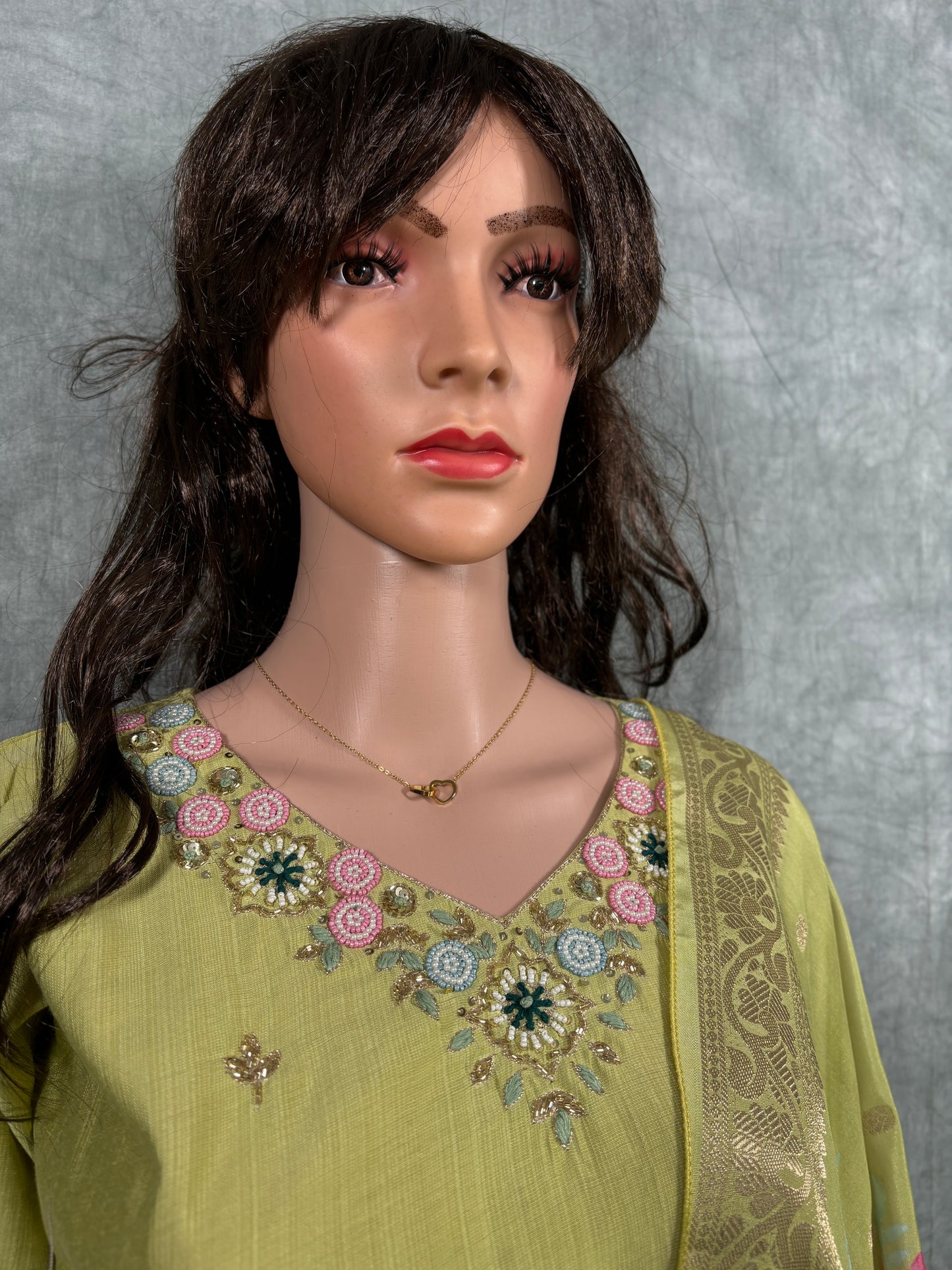 Mireya - Cotton Hand Work Kurta with Jacquard Banarasi Silk Printed Dupatta and Pant - Green