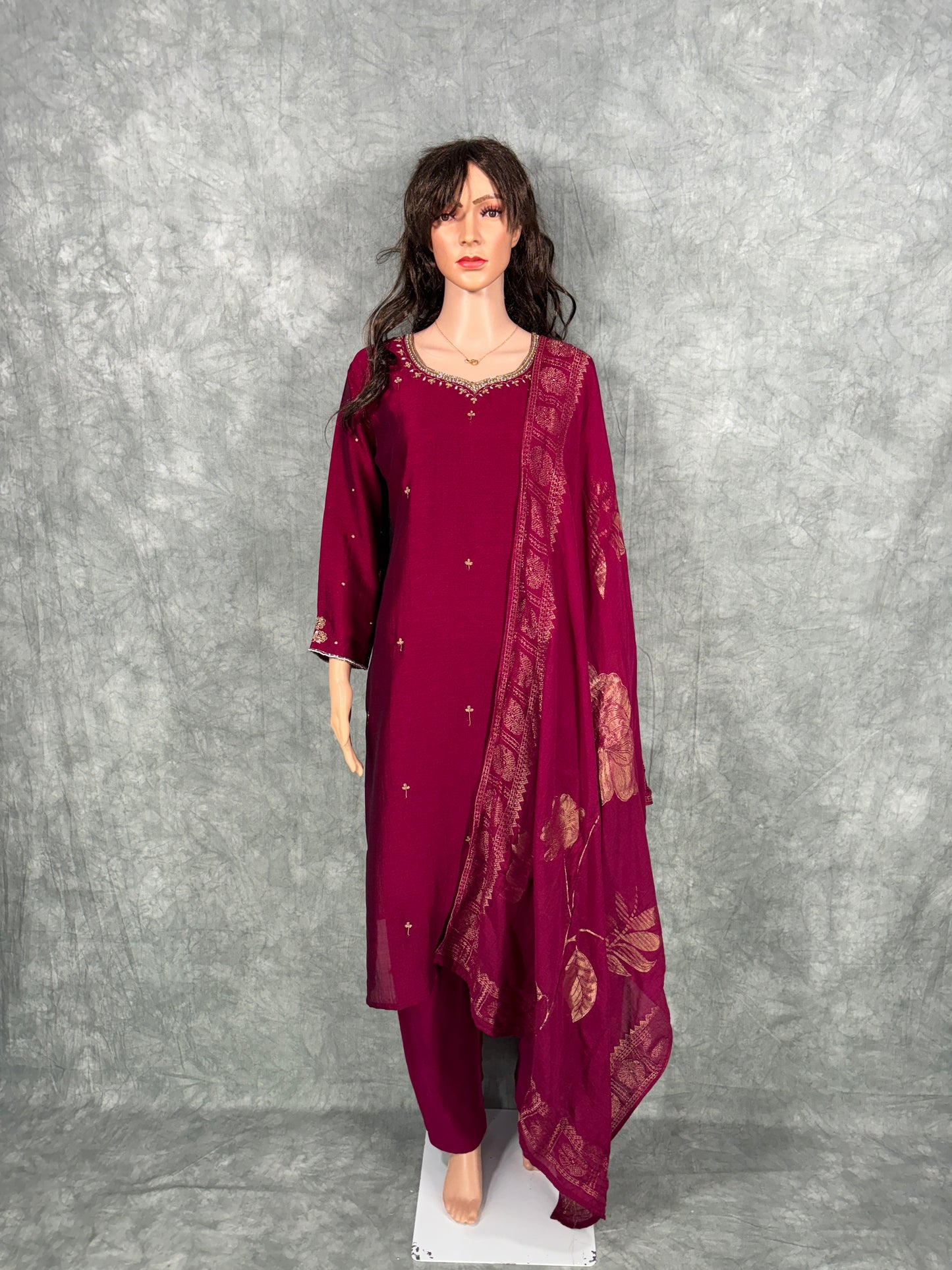 Tishya - Chinon Chiffon Hand Work Kurta with Muslin Zari Dupatta and Pant- Maroon