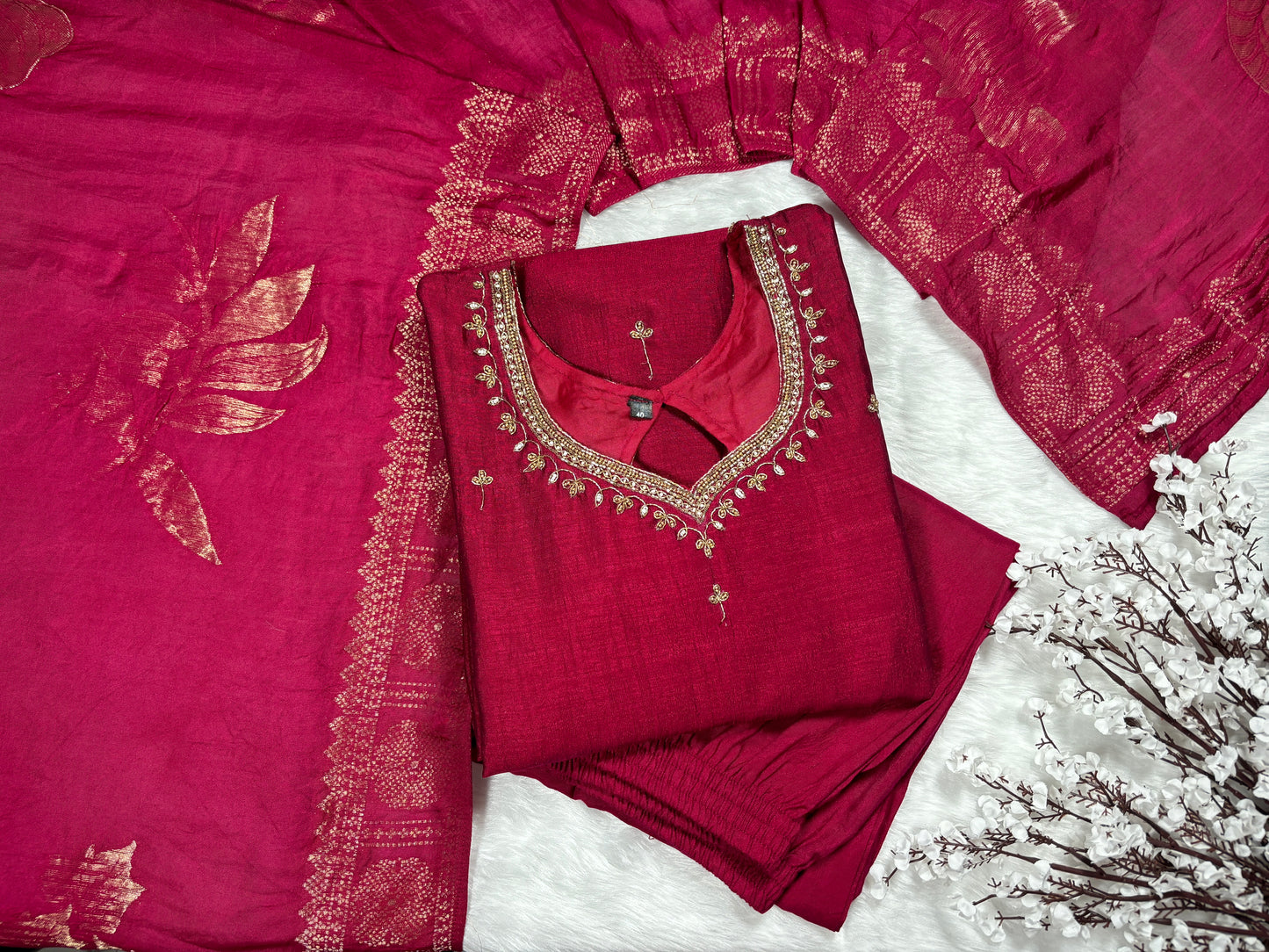 Tishya - Chinon Chiffon Hand Work Kurta with Muslin Zari Dupatta and Pant- Maroon