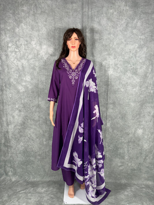Tanya - Cotton A-Line Kurta with Pant and Dupatta - Purple