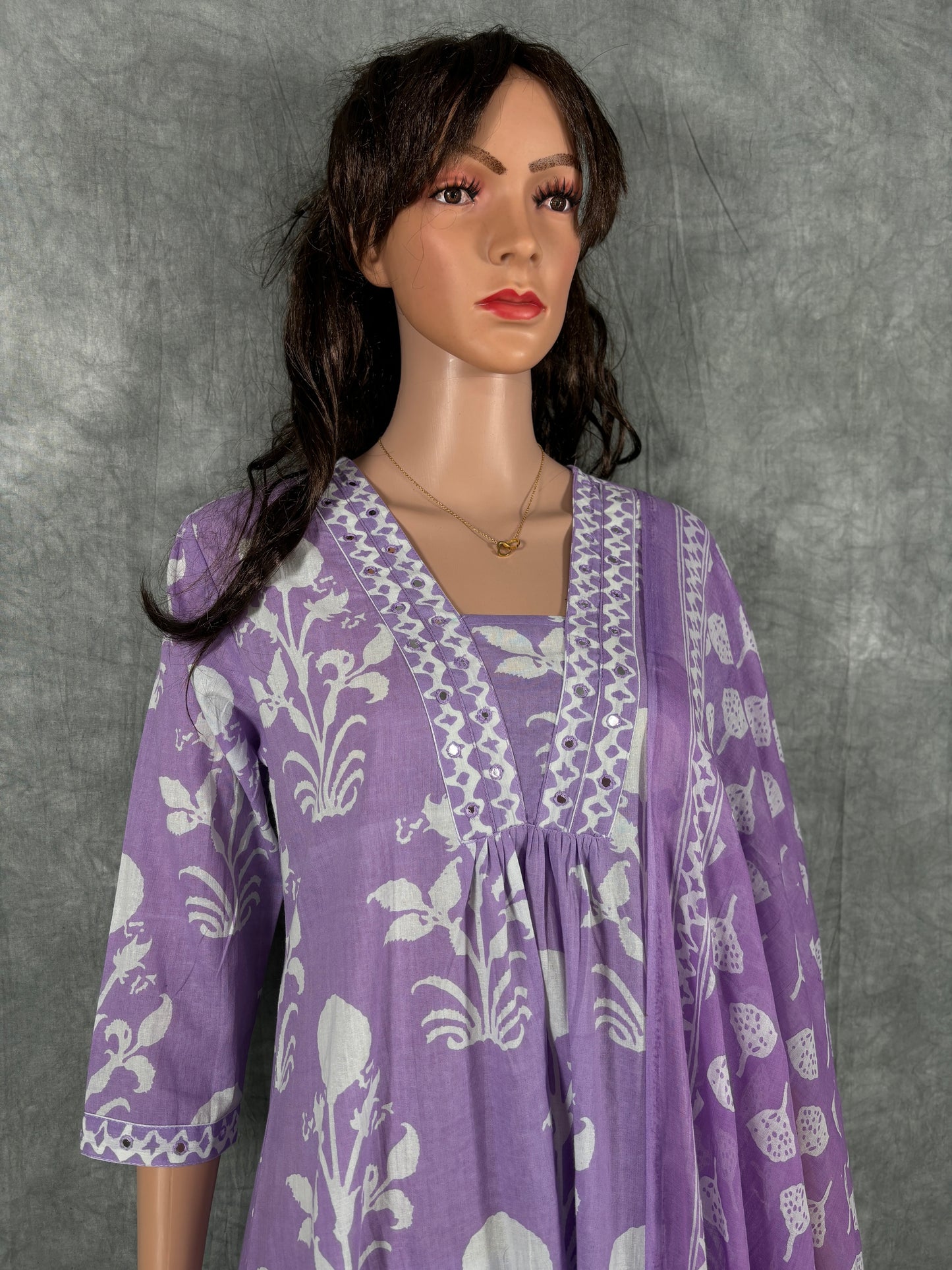 Shriya - Cotton Floral Printed Kurta with Pant and Dupatta - Lilac