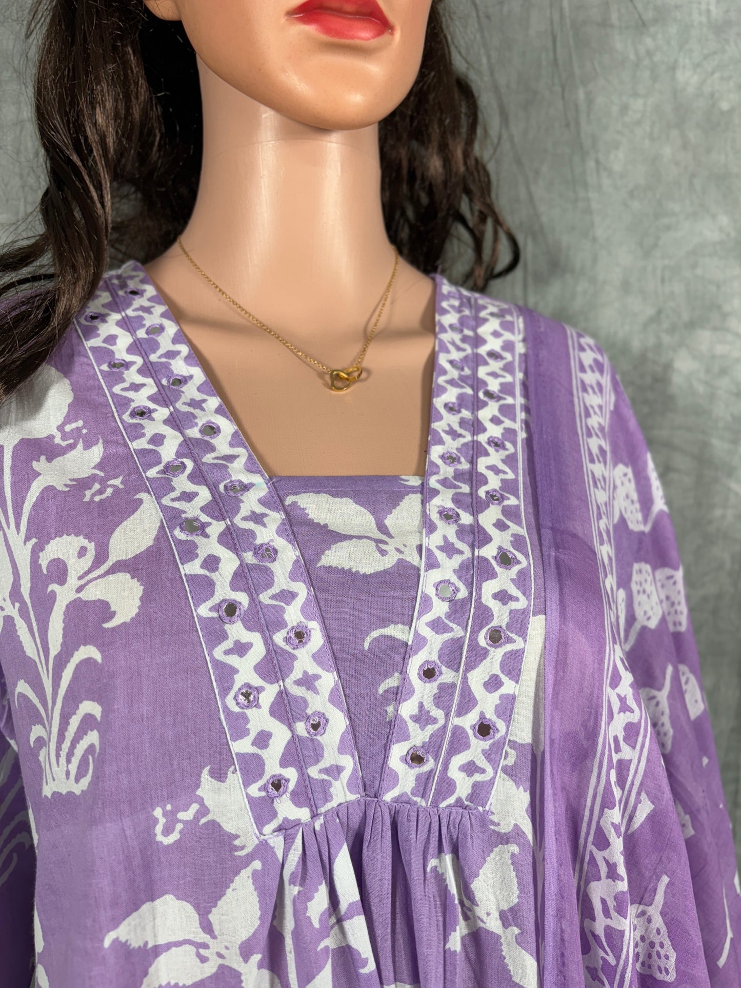 Shriya - Cotton Floral Printed Kurta with Pant and Dupatta - Lilac