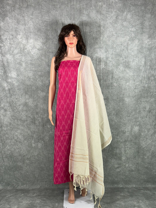 Rheya - Pink and Beige Ikkat Handloom Cotton Unstitched Salwar Suit