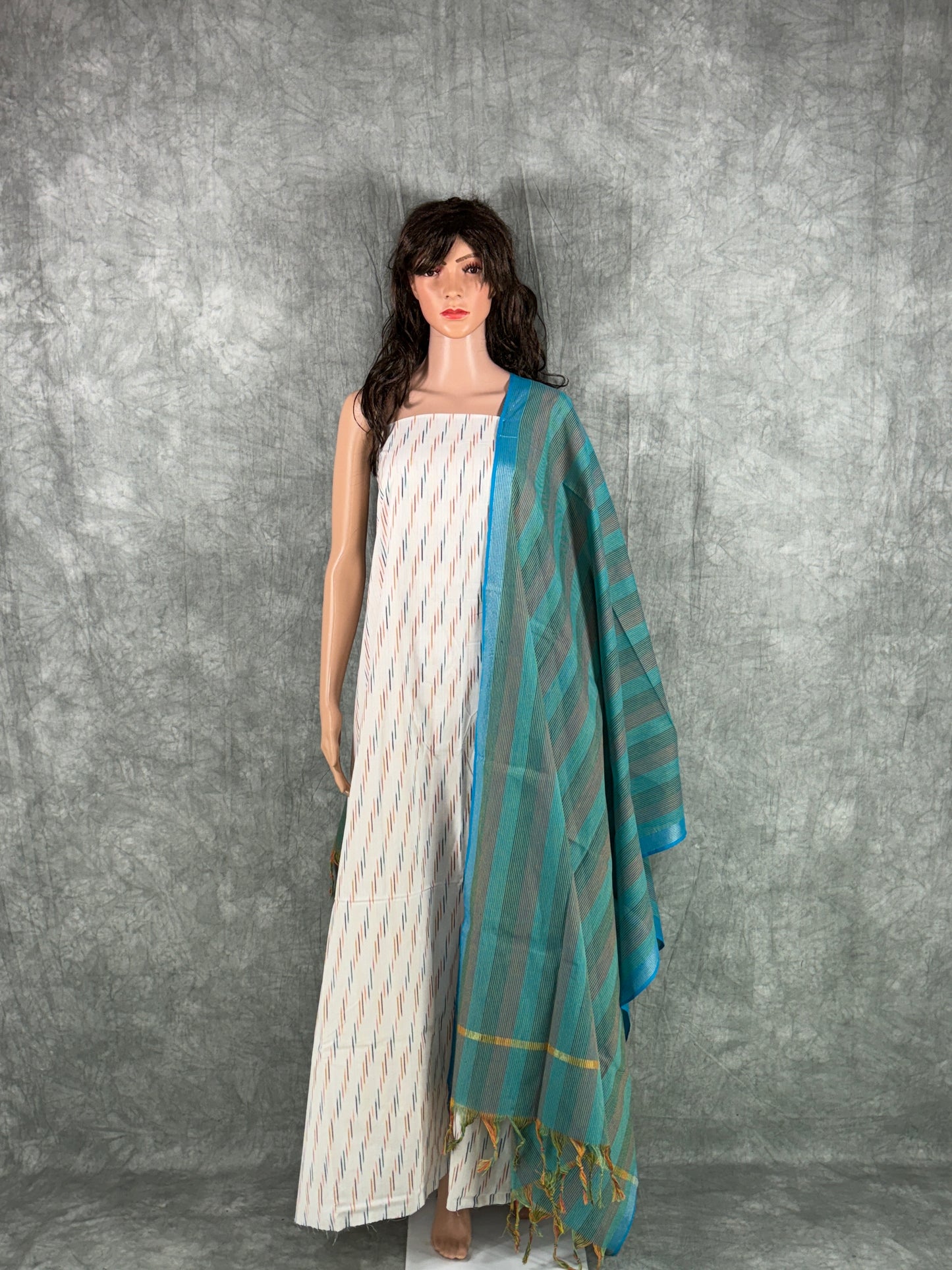 Hridya - White and Blue Ikkat Handloom Cotton Unstitched Salwar Suit