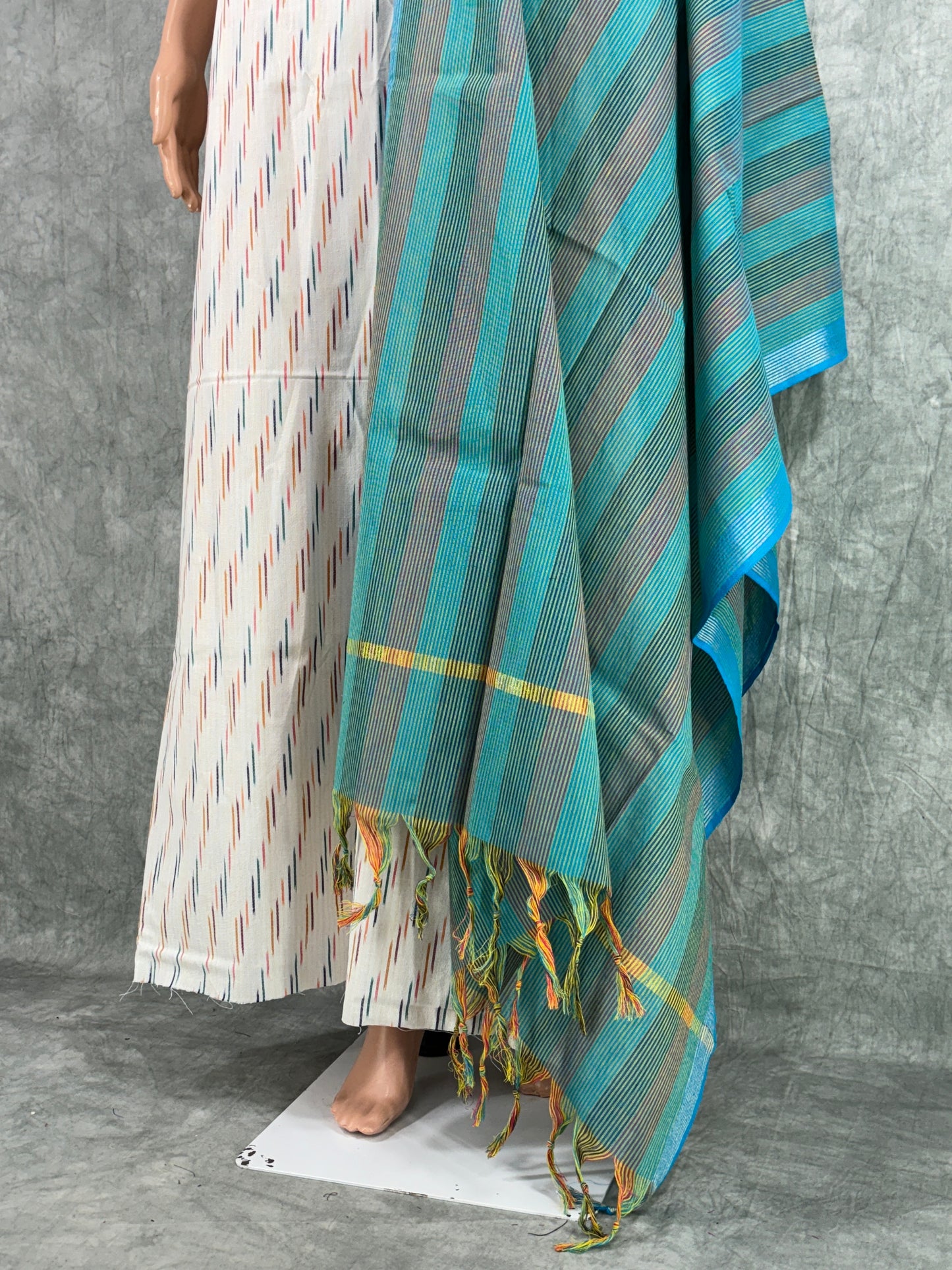 Hridya - White and Blue Ikkat Handloom Cotton Unstitched Salwar Suit