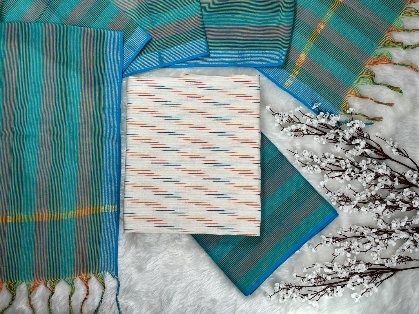 Hridya - White and Blue Ikkat Handloom Cotton Unstitched Salwar Suit