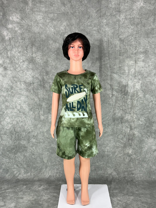 Kids Unisex Tie & Dye Shorts Set - Green