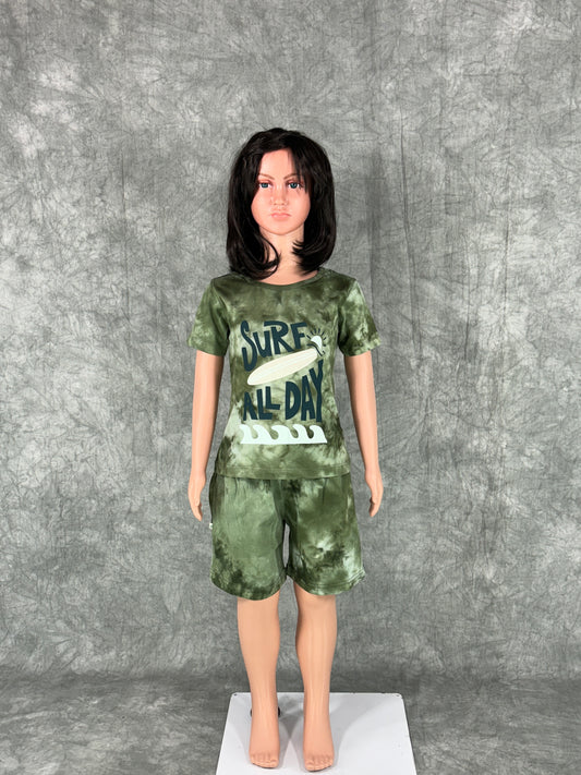 Kids Unisex Tie & Dye Shorts Set - Green