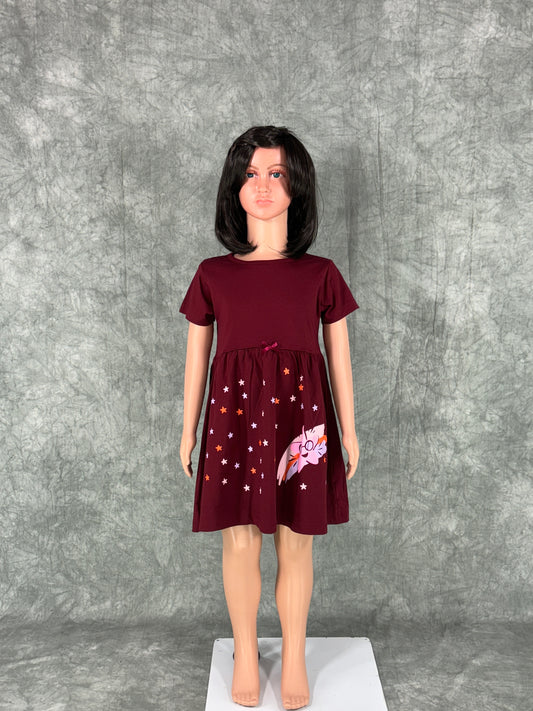 Kids Cotton Sleeve Frock - Maroon