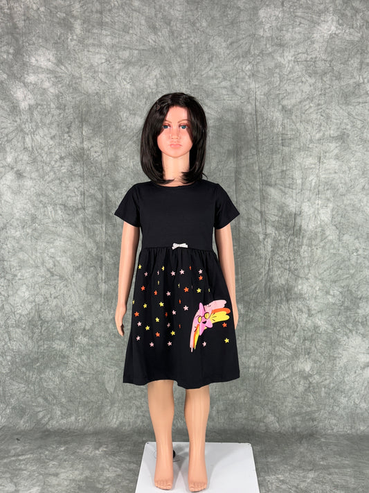 Kids Cotton Sleeve Frock- Black