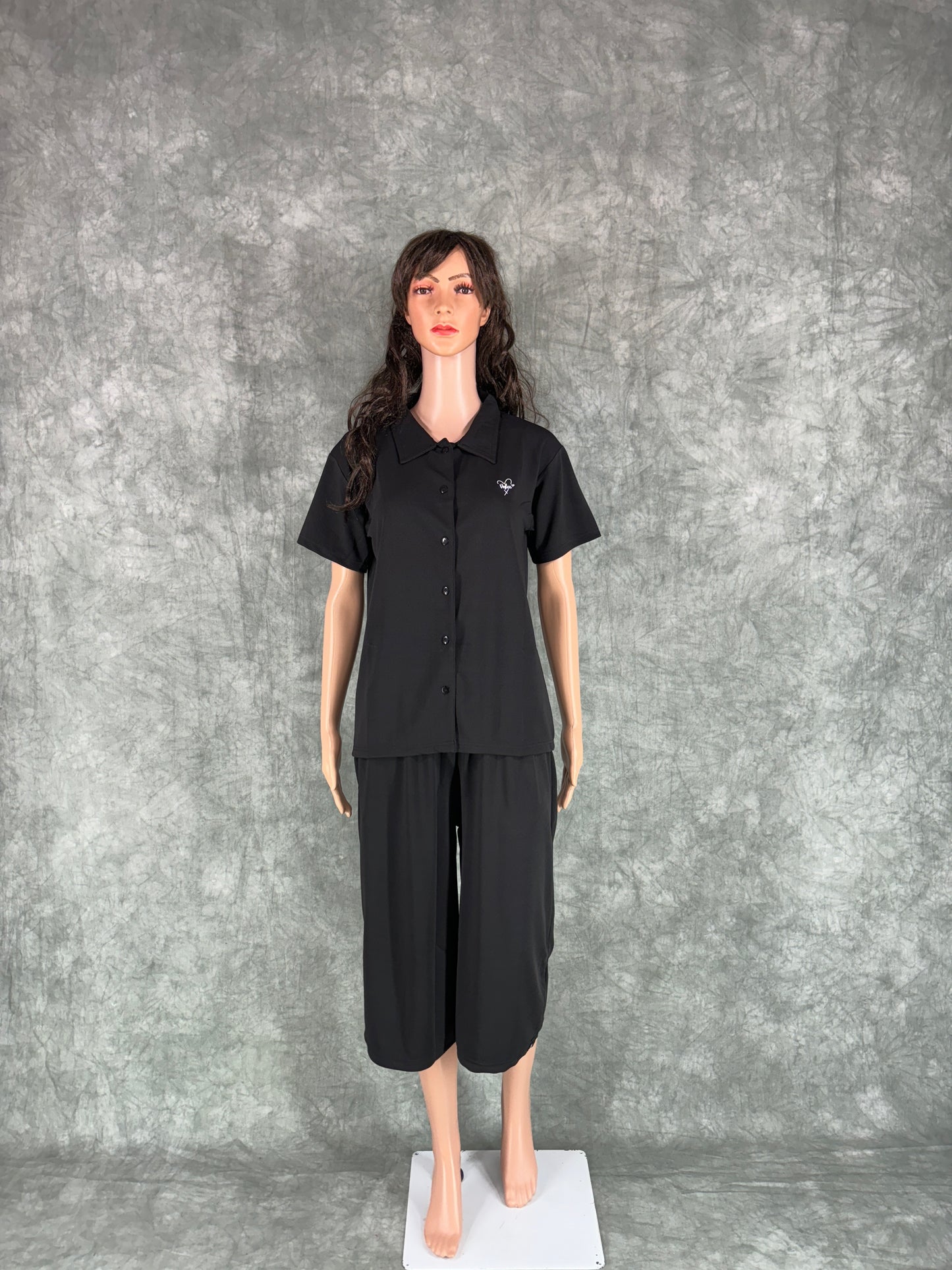 Miraya Collar Neck Capri Set for Women - Black