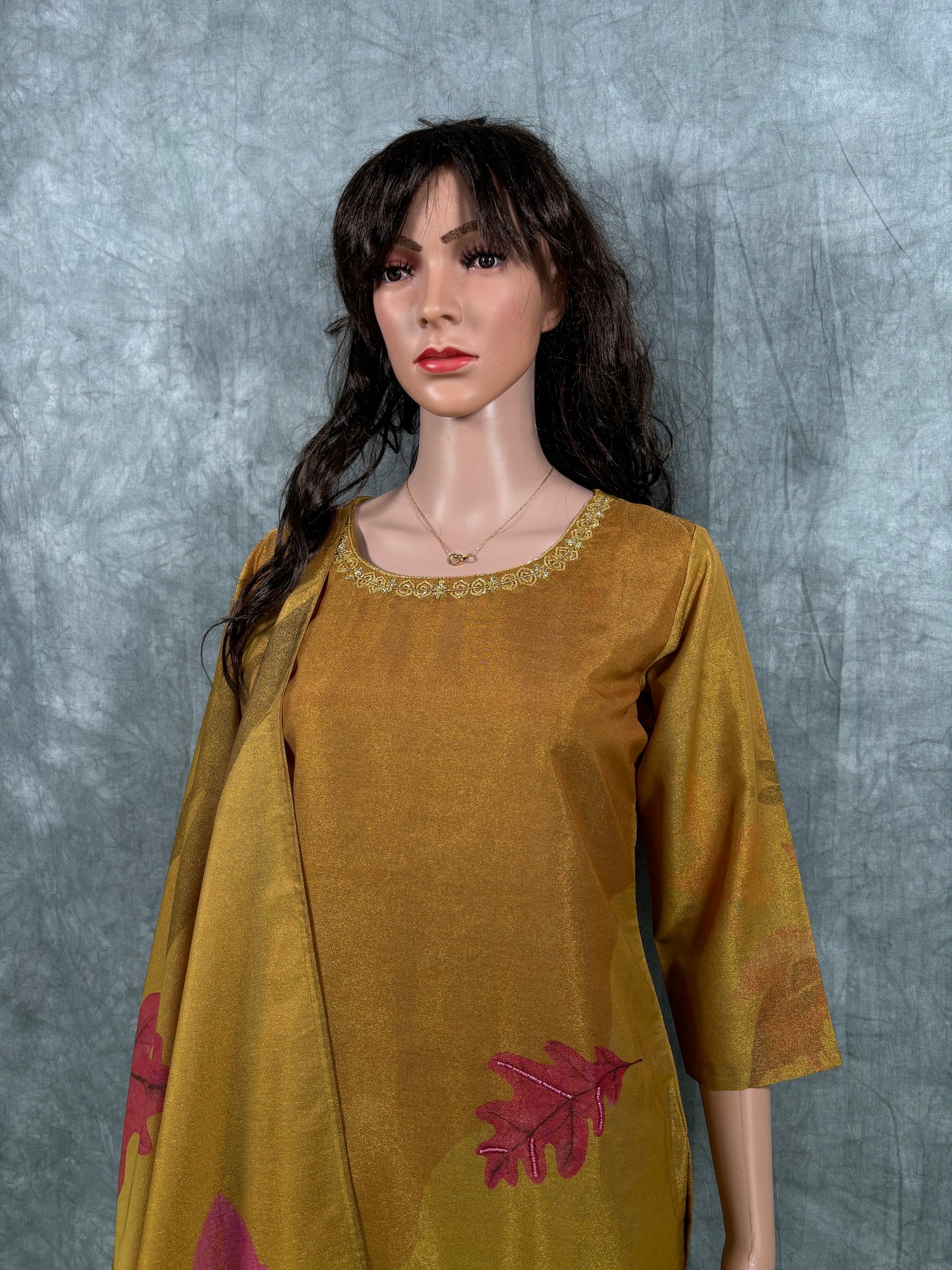 Shanaya - Roman Silk Hand Work Kurta with Dupatta and Pant - Mustard Yellow