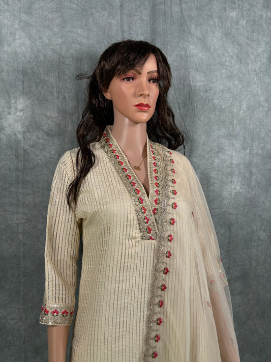 Zoya - Roman Silk Embroidery Work Kurta with Net Dupatta and Pant - Off White