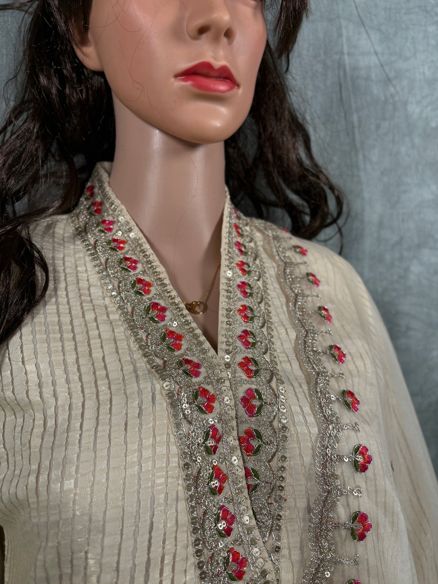 Zoya - Roman Silk Embroidery Work Kurta with Net Dupatta and Pant - Off White