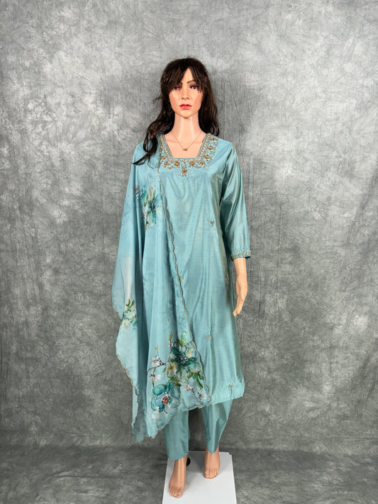 Srinaya - Roman Silk Hand Work Kurta with Floral Organza Dupatta and Pant - Pastel Blue