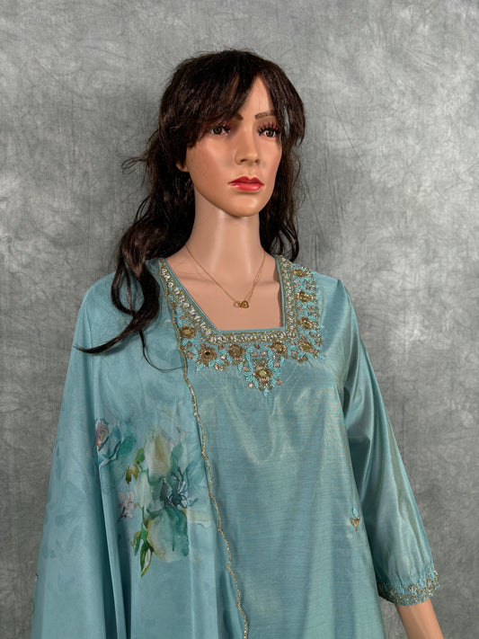 Srinaya - Roman Silk Hand Work Kurta with Floral Organza Dupatta and Pant - Pastel Blue