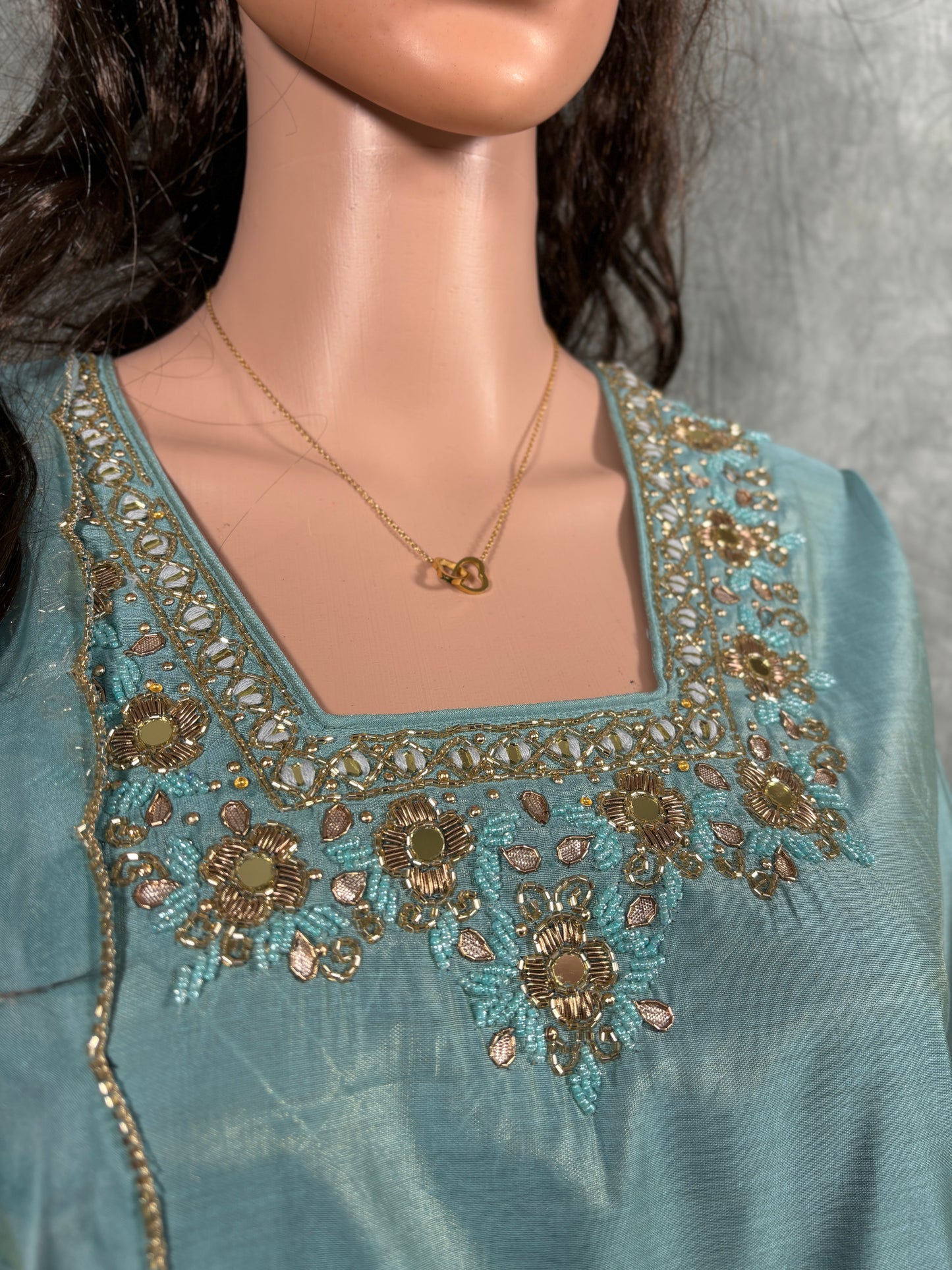 Srinaya - Roman Silk Hand Work Kurta with Floral Organza Dupatta and Pant - Pastel Blue
