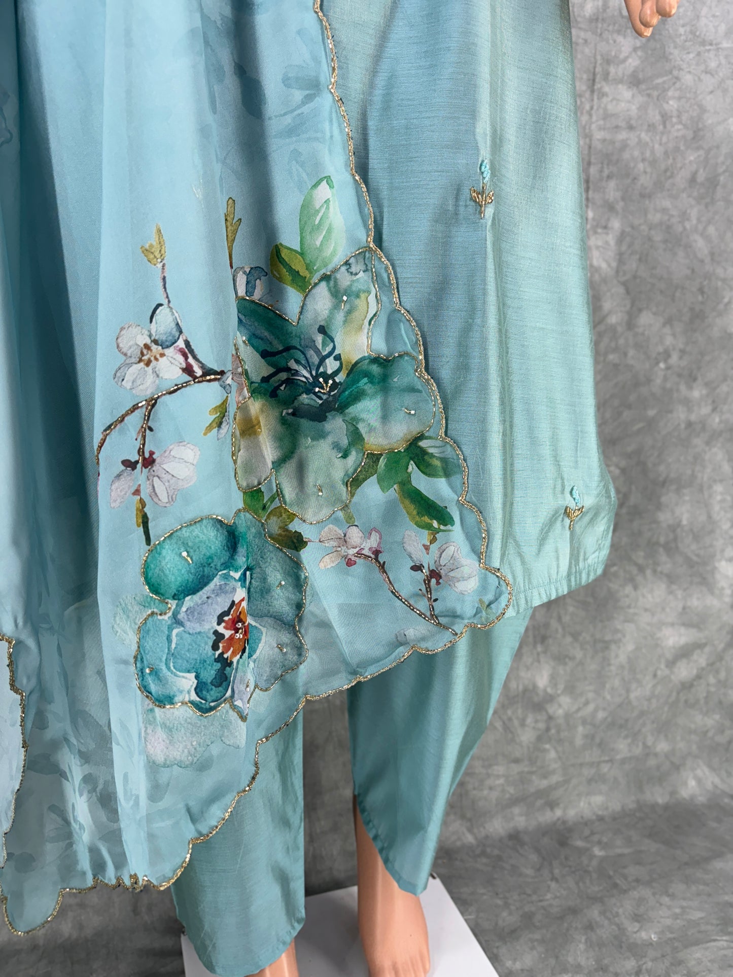 Srinaya - Roman Silk Hand Work Kurta with Floral Organza Dupatta and Pant - Pastel Blue