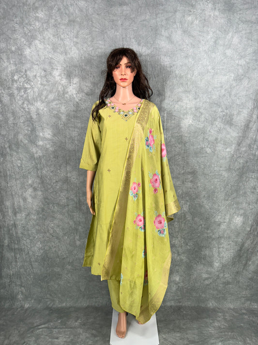 Mireya - Cotton Hand Work Kurta with Jacquard Banarasi Silk Printed Dupatta and Pant - Green