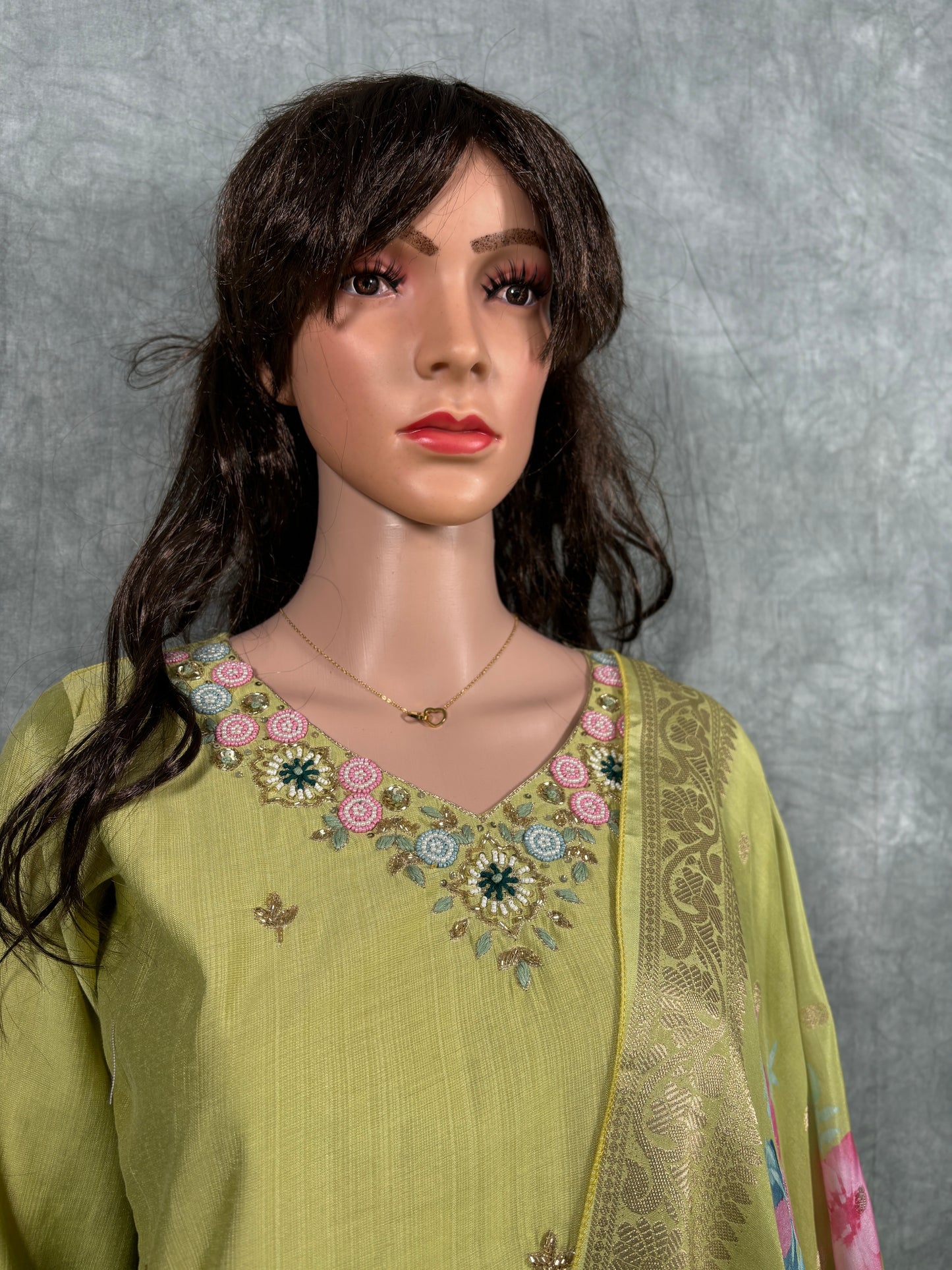 Mireya - Cotton Hand Work Kurta with Jacquard Banarasi Silk Printed Dupatta and Pant - Green