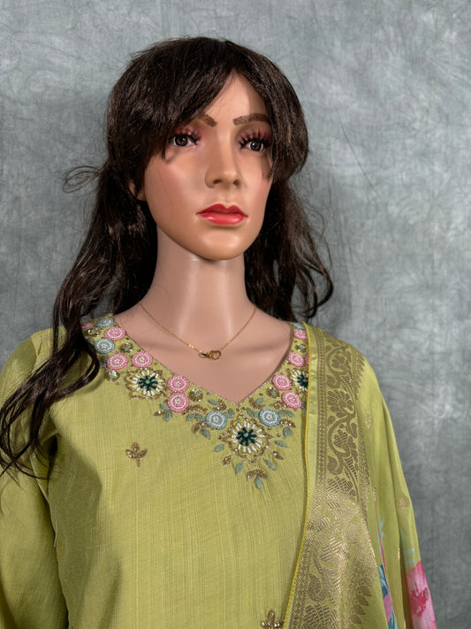 Mireya - Cotton Hand Work Kurta with Jacquard Banarasi Silk Printed Dupatta and Pant - Green