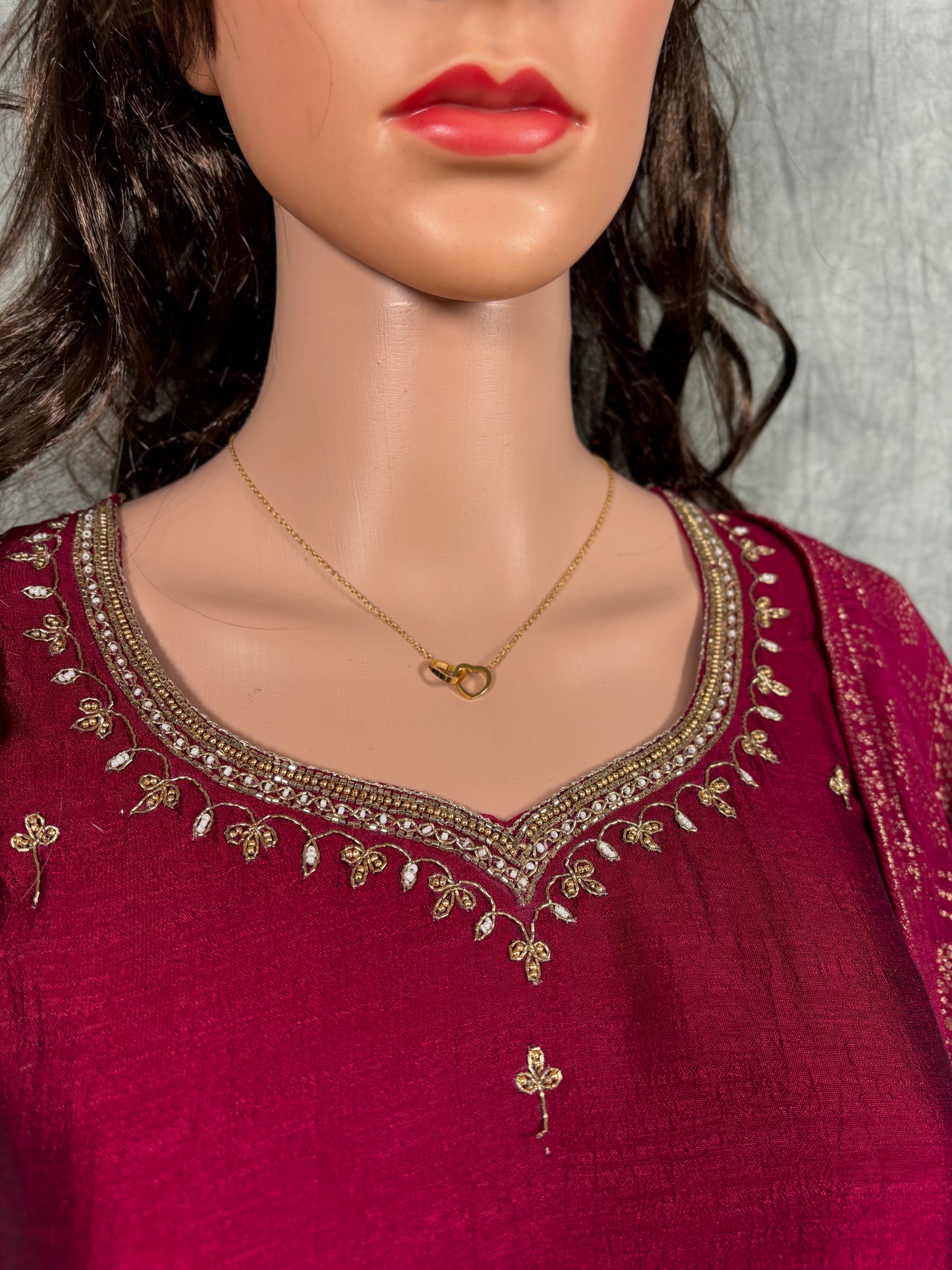Tishya - Chinon Chiffon Hand Work Kurta with Muslin Zari Dupatta and Pant- Maroon