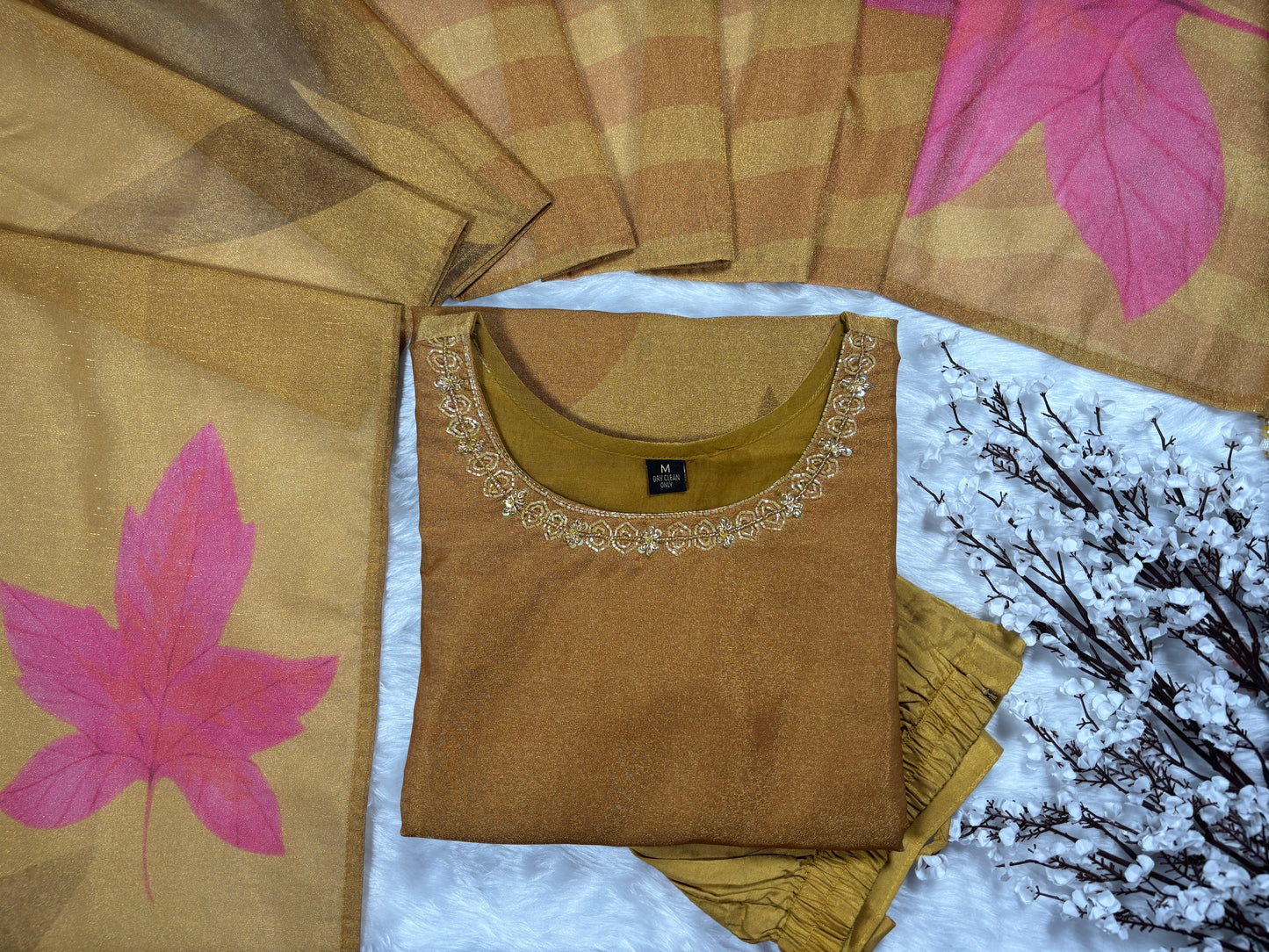 Shanaya - Roman Silk Hand Work Kurta with Dupatta and Pant - Mustard Yellow