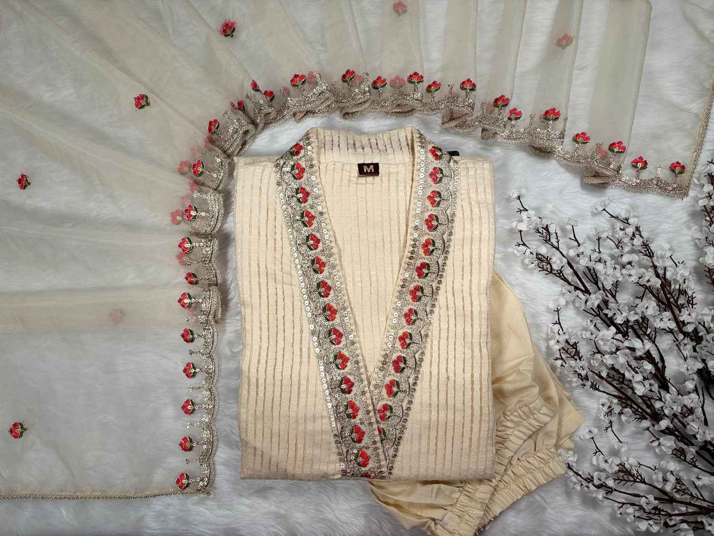 Zoya - Roman Silk Embroidery Work Kurta with Net Dupatta and Pant - Off White