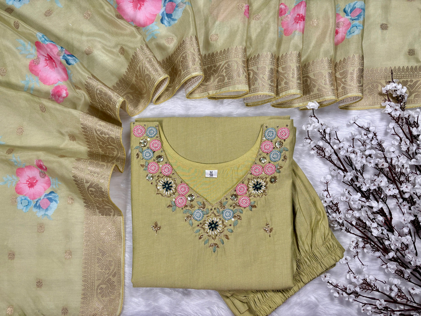 Mireya - Cotton Hand Work Kurta with Jacquard Banarasi Silk Printed Dupatta and Pant - Green