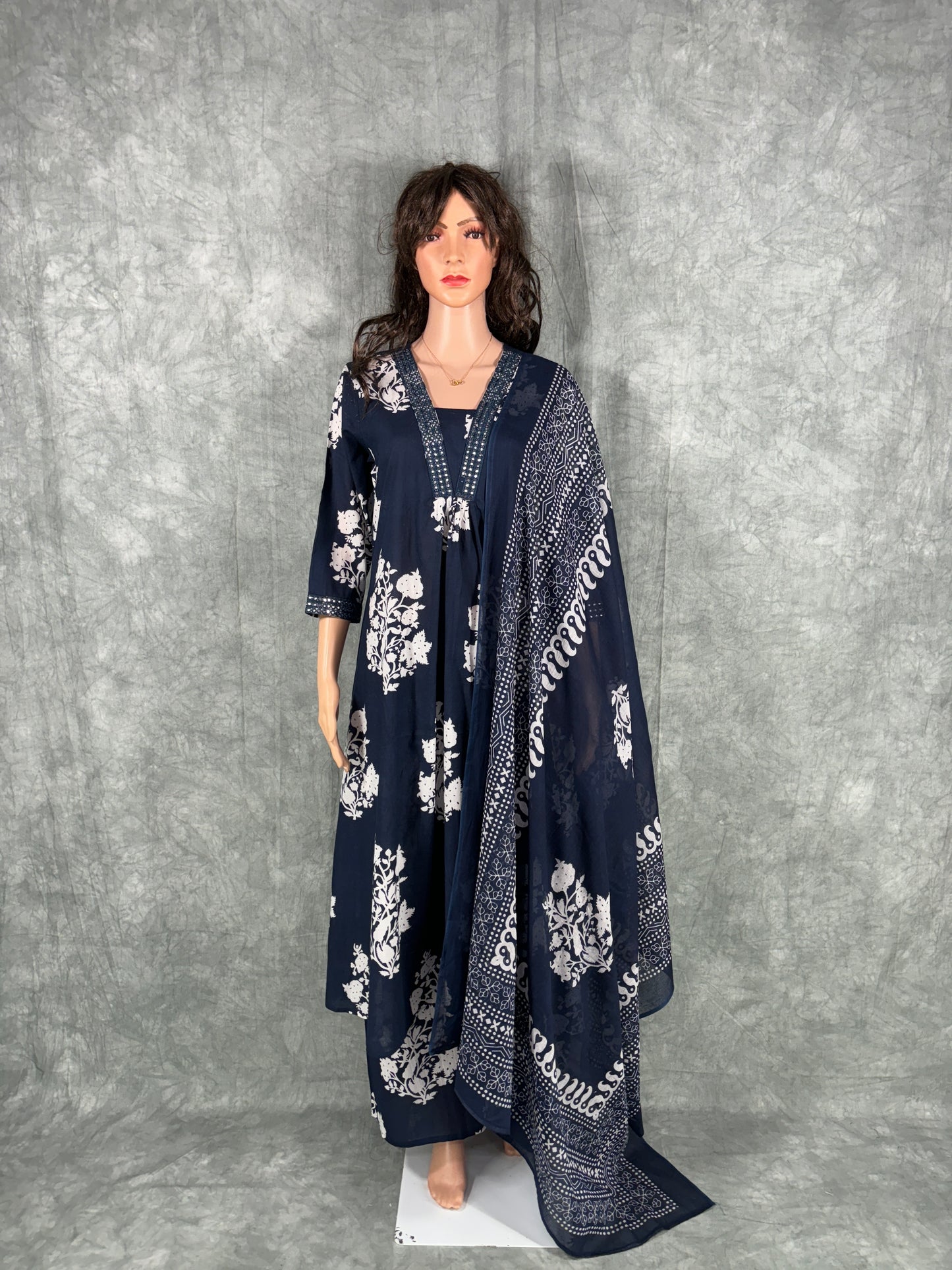 Dithya - Cotton Floral Printed Kurta with Pant and Dupatta - Blue