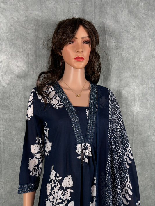 Dithya - Cotton Floral Printed Kurta with Pant and Dupatta - Blue