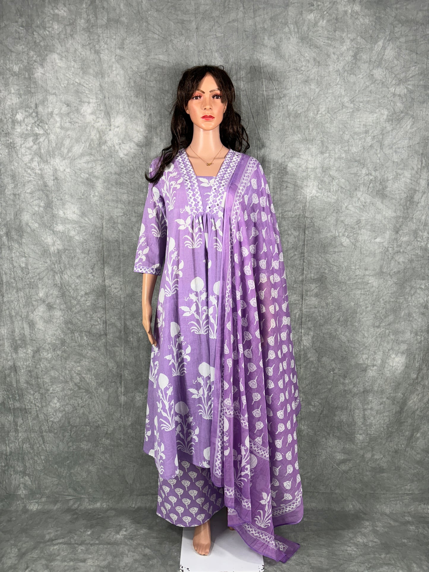 Shriya - Cotton Floral Printed Kurta with Pant and Dupatta - Lilac
