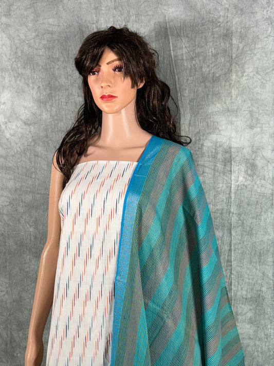 Hridya - White and Blue Ikkat Handloom Cotton Unstitched Salwar Suit